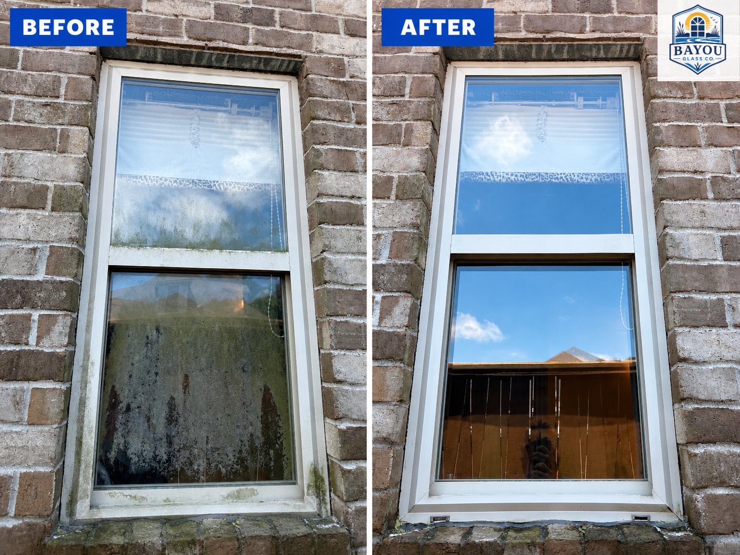 Before and after residential window cleaning with algae removal in Metairie, LA